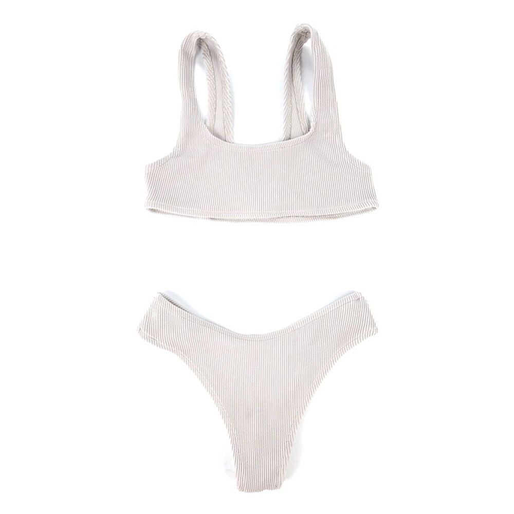 TAN + LINES Malibu Square Neck Top Ribbed Bikini Bottom Set Dove Crinkle Medium